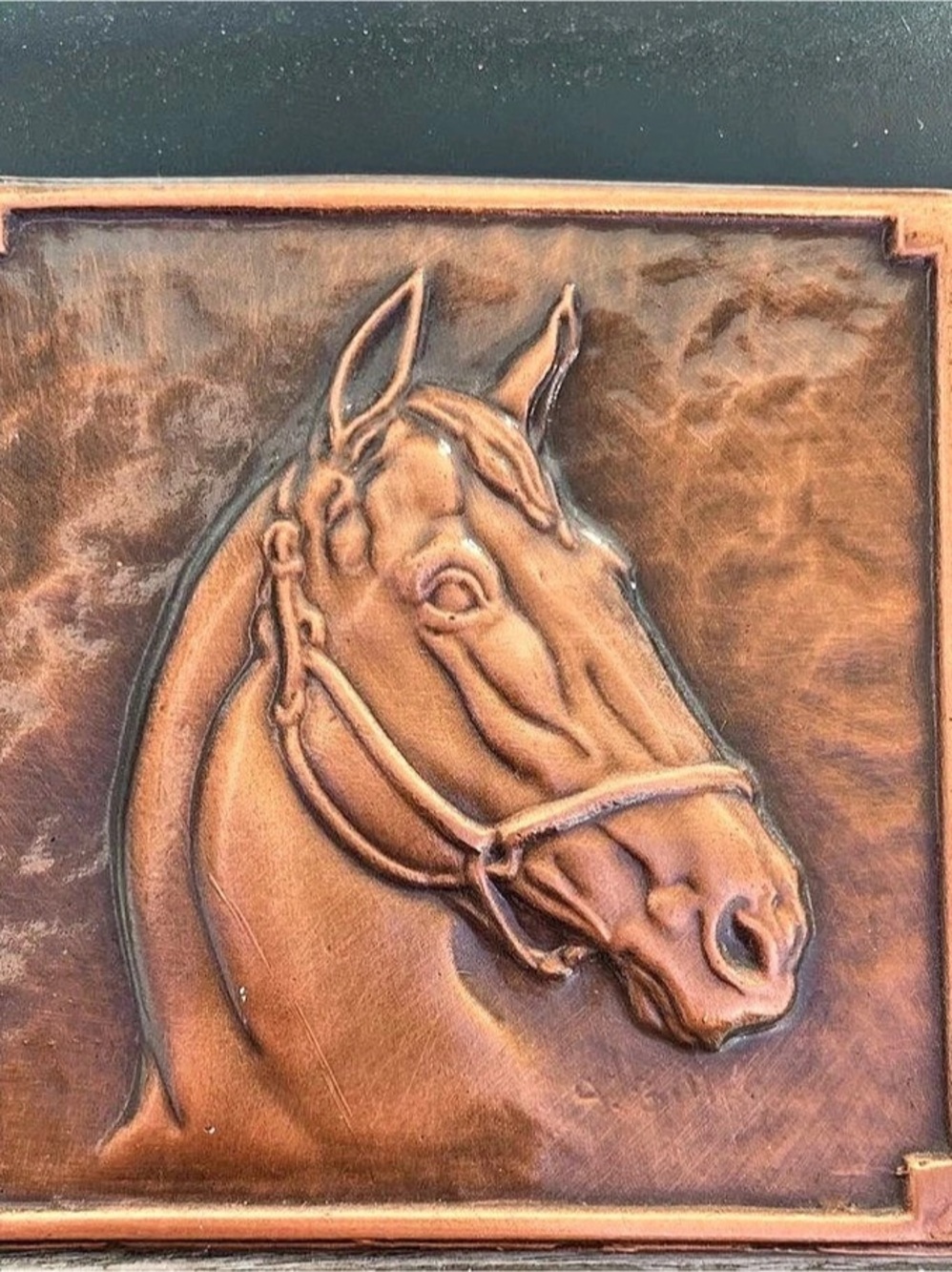 Albert Gilles Inc signed 4 x 4 inch copper plate repousse horse profile
